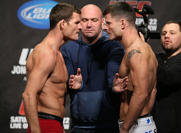 TORONTO, CANADA - SEPTEMBER 21: UFC President Dana White separates opponents Michael Bisping (L) and Brian Stann (R) during the UFC 152 weigh in at Mattamy Athletic Centre at the Gardens on September 21, 2012 in Toronto, Ontario, Canada. (Photo by Josh He