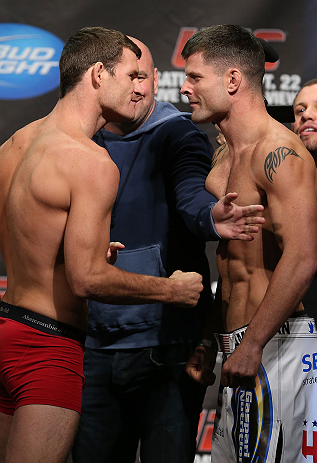TORONTO, CANADA - SEPTEMBER 21: UFC President Dana White separates opponents Michael Bisping (L) and Brian Stann (R) during the UFC 152 weigh in at Mattamy Athletic Centre at the Gardens on September 21, 2012 in Toronto, Ontario, Canada. (Photo by Josh He