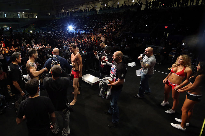 TORONTO, CANADA - SEPTEMBER 21: UFC President Dana White separates opponents Michael Bisping (R) and Brian Stann (L) during the UFC 152 weigh in at Mattamy Athletic Centre at the Gardens on September 21, 2012 in Toronto, Ontario, Canada. (Photo by Jos