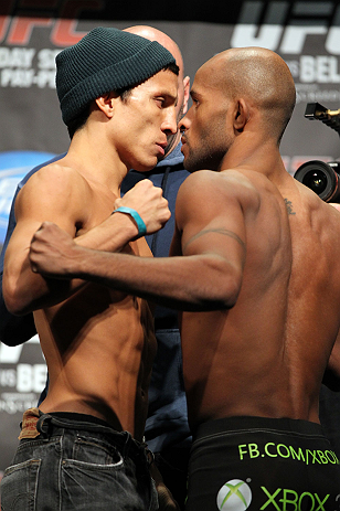 TORONTO, CANADA - SEPTEMBER 21: (L-R) Opponents Joseph Benavidez and Demetrious Johnson face off during the UFC 152 weigh in at Mattamy Athletic Centre at the Gardens on September 21, 2012 in Toronto, Ontario, Canada. (Photo by Mike Roach/Zuffa LLC/Zuffa