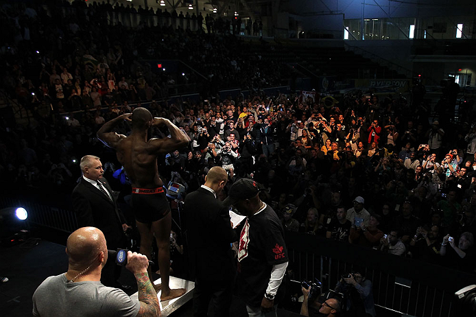 TORONTO, CANADA - SEPTEMBER 21: Jon "Bones" Jones weighs in during the UFC 152 weigh in at Mattamy Athletic Centre at the Gardens on September 21, 2012 in Toronto, Ontario, Canada. (Photo by Josh Hedges/Zuffa LLC/Zuffa LLC via Getty Images)