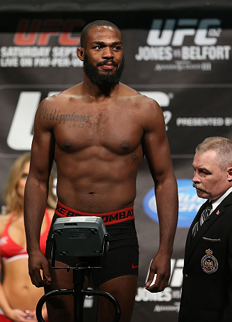 TORONTO, CANADA - SEPTEMBER 21: Jon "Bones" Jones weighs in during the UFC 152 weigh in at Mattamy Athletic Centre at the Gardens on September 21, 2012 in Toronto, Ontario, Canada. (Photo by Josh Hedges/Zuffa LLC/Zuffa LLC via Getty Images)