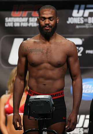 TORONTO, CANADA - SEPTEMBER 21: Jon "Bones" Jones weighs in during the UFC 152 weigh in at Mattamy Athletic Centre at the Gardens on September 21, 2012 in Toronto, Ontario, Canada. (Photo by Josh Hedges/Zuffa LLC/Zuffa LLC via Getty Images)