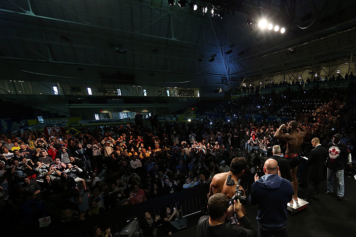 TORONTO, CANADA - SEPTEMBER 21: Jon "Bones" Jones weighs in during the UFC 152 weigh in at Mattamy Athletic Centre at the Gardens on September 21, 2012 in Toronto, Ontario, Canada. (Photo by Josh Hedges/Zuffa LLC/Zuffa LLC via Getty Images)