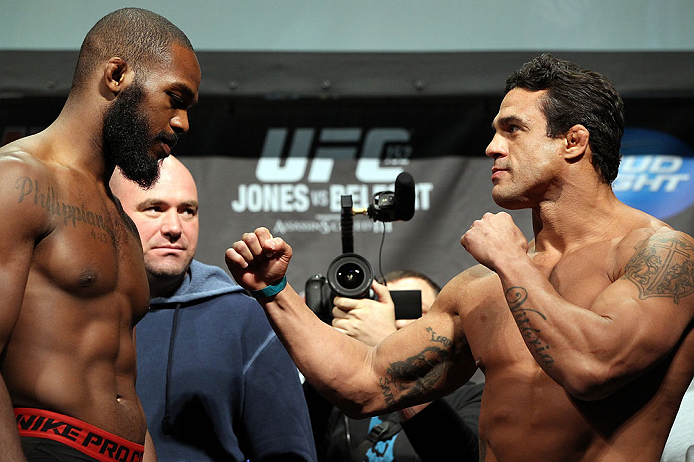 TORONTO, CANADA - SEPTEMBER 21: (L-R) Opponents Jon ''Bones'' Jones and Vitor Belfort face off during the UFC 152 weigh in at Mattamy Athletic Centre at the Gardens on September 21, 2012 in Toronto, Ontario, Canada. (Photo by Mike Roach/Zuffa LLC/Zuffa LL