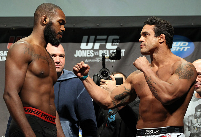 TORONTO, CANADA - SEPTEMBER 21: (L-R) Opponents Jon ''Bones'' Jones and Vitor Belfort face off during the UFC 152 weigh in at Mattamy Athletic Centre at the Gardens on September 21, 2012 in Toronto, Ontario, Canada. (Photo by Mike Roach/Zuffa LLC/Zuffa LL