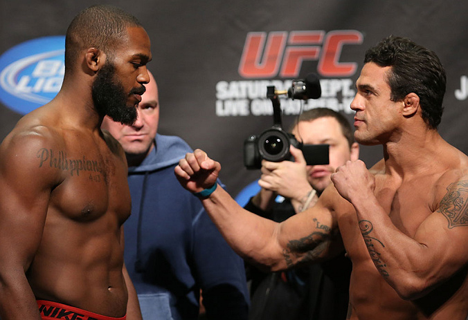 TORONTO, CANADA - SEPTEMBER 21: (L-R) Opponents Jon "Bones" Jones and Vitor Belfort face off during the UFC 152 weigh in at Mattamy Athletic Centre at the Gardens on September 21, 2012 in Toronto, Ontario, Canada. (Photo by Josh Hedges/Zuffa LLC/Zuffa LLC