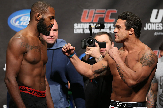 TORONTO, CANADA - SEPTEMBER 21: (L-R) Opponents Jon "Bones" Jones and Vitor Belfort face off during the UFC 152 weigh in at Mattamy Athletic Centre at the Gardens on September 21, 2012 in Toronto, Ontario, Canada. (Photo by Josh Hedges/Zuffa LLC/Zuffa LLC