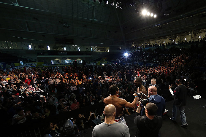 TORONTO, CANADA - SEPTEMBER 21: (R-L) Opponents Jon "Bones" Jones and Vitor Belfort face off during the UFC 152 weigh in at Mattamy Athletic Centre at the Gardens on September 21, 2012 in Toronto, Ontario, Canada. (Photo by Josh Hedges/Zuffa LLC/Zuffa