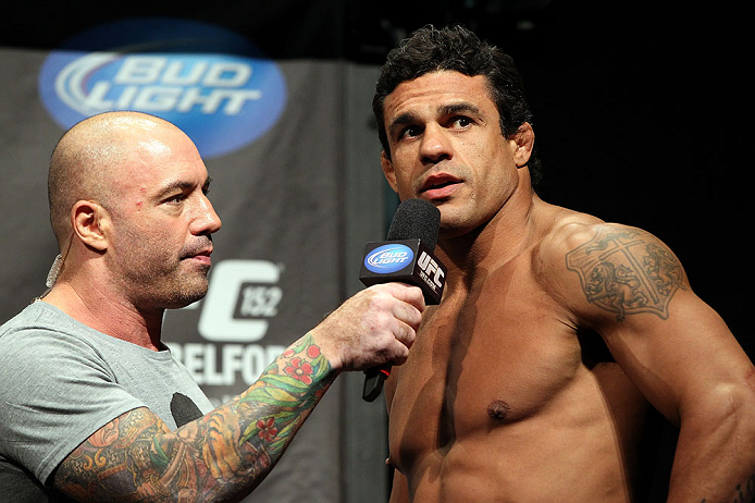 TORONTO, CANADA - SEPTEMBER 21: (R-L) Vitor Belfort is interviewed by Joe Rogan during the UFC 152 weigh in at Mattamy Athletic Centre at the Gardens on September 21, 2012 in Toronto, Ontario, Canada. (Photo by Mike Roach/Zuffa LLC/Zuffa LLC via Getty Ima