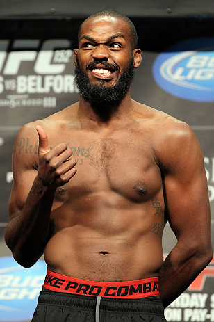 TORONTO, CANADA - SEPTEMBER 21: Jon ''Bones'' Jones reacts to the fans during the UFC 152 weigh in at Mattamy Athletic Centre at the Gardens on September 21, 2012 in Toronto, Ontario, Canada. (Photo by Mike Roach/Zuffa LLC/Zuffa LLC via Getty Images)