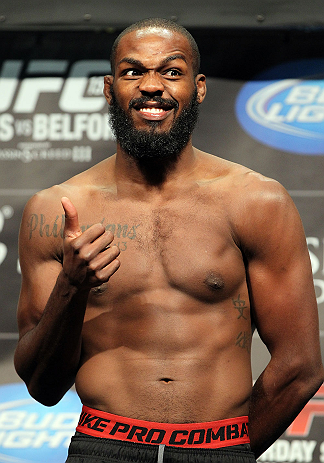 TORONTO, CANADA - SEPTEMBER 21: Jon ''Bones'' Jones reacts to the fans during the UFC 152 weigh in at Mattamy Athletic Centre at the Gardens on September 21, 2012 in Toronto, Ontario, Canada. (Photo by Mike Roach/Zuffa LLC/Zuffa LLC via Getty Images)
