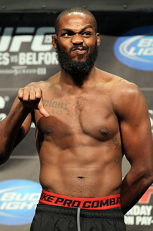 TORONTO, CANADA - SEPTEMBER 21: Jon ''Bones'' Jones reacts to the fans during the UFC 152 weigh in at Mattamy Athletic Centre at the Gardens on September 21, 2012 in Toronto, Ontario, Canada. (Photo by Mike Roach/Zuffa LLC/Zuffa LLC via Getty Images)