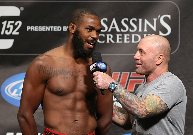 TORONTO, CANADA - SEPTEMBER 21: Jon "Bones" Jones (L) is interviewed by Joe Rogan during the UFC 152 weigh in at Mattamy Athletic Centre at the Gardens on September 21, 2012 in Toronto, Ontario, Canada. (Photo by Josh Hedges/Zuffa LLC/Zuffa LLC via Getty