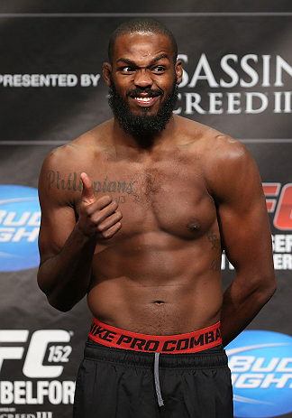 TORONTO, CANADA - SEPTEMBER 21: Jon "Bones" Jones reacts to the fans during the UFC 152 weigh in at Mattamy Athletic Centre at the Gardens on September 21, 2012 in Toronto, Ontario, Canada. (Photo by Josh Hedges/Zuffa LLC/Zuffa LLC via Getty Images)