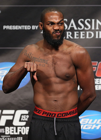 TORONTO, CANADA - SEPTEMBER 21: Jon "Bones" Jones reacts to the fans during the UFC 152 weigh in at Mattamy Athletic Centre at the Gardens on September 21, 2012 in Toronto, Ontario, Canada. (Photo by Josh Hedges/Zuffa LLC/Zuffa LLC via Getty Images)