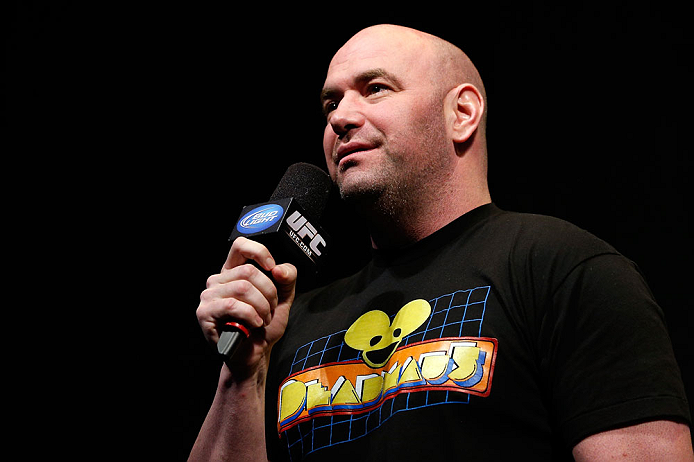 ANAHEIM, CA - FEBRUARY 22: UFC President Dana White interacts with fans during a Q&A session before the UFC 157 weigh-in at Honda Center on February 22, 2013 in Anaheim, California. (Photo by Josh Hedges/Zuffa LLC/Zuffa LLC via Getty Images)