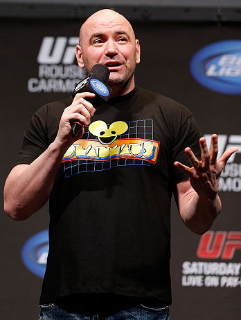 ANAHEIM, CA - FEBRUARY 22: UFC President Dana White interacts with fans during a Q&A session before the UFC 157 weigh-in at Honda Center on February 22, 2013 in Anaheim, California. (Photo by Josh Hedges/Zuffa LLC/Zuffa LLC via Getty Images)