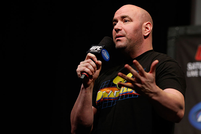 ANAHEIM, CA - FEBRUARY 22: UFC President Dana White interacts with fans during a Q&A session before the UFC 157 weigh-in at Honda Center on February 22, 2013 in Anaheim, California. (Photo by Josh Hedges/Zuffa LLC/Zuffa LLC via Getty Images)