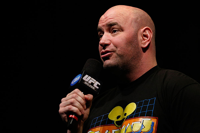 ANAHEIM, CA - FEBRUARY 22: UFC President Dana White interacts with fans during a Q&A session before the UFC 157 weigh-in at Honda Center on February 22, 2013 in Anaheim, California. (Photo by Josh Hedges/Zuffa LLC/Zuffa LLC via Getty Images)