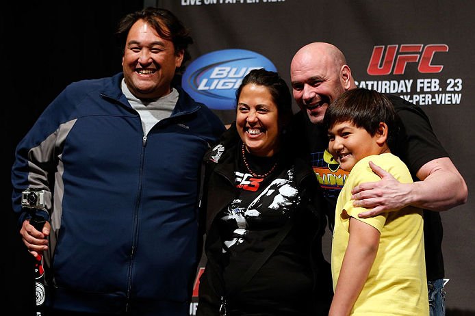 ANAHEIM, CA - FEBRUARY 22: UFC President Dana White poses for photos with fans during a Q&A session before the UFC 157 weigh-in at Honda Center on February 22, 2013 in Anaheim, California. (Photo by Josh Hedges/Zuffa LLC/Zuffa LLC via Getty Images)