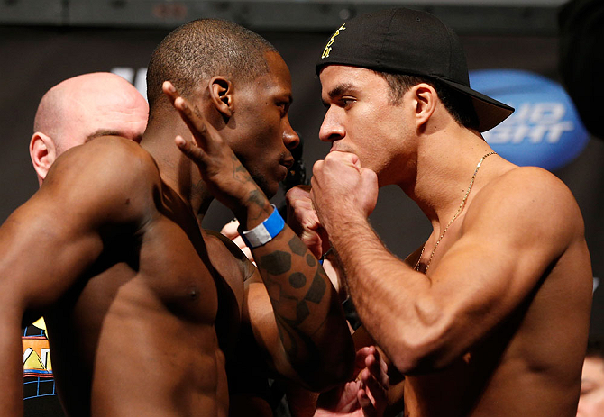 ANAHEIM, CA - FEBRUARY 22: (L-R) Opponents Nah-Shon Burrell and Yuri Villefort face off during the UFC 157 weigh-in at Honda Center on February 22, 2013 in Anaheim, California. (Photo by Josh Hedges/Zuffa LLC/Zuffa LLC via Getty Images)