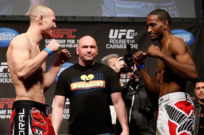ANAHEIM, CA - FEBRUARY 22: (L-R) Opponents Jon Manley and Neil Magny face off during the UFC 157 weigh-in at Honda Center on February 22, 2013 in Anaheim, California. (Photo by Josh Hedges/Zuffa LLC/Zuffa LLC via Getty Images)
