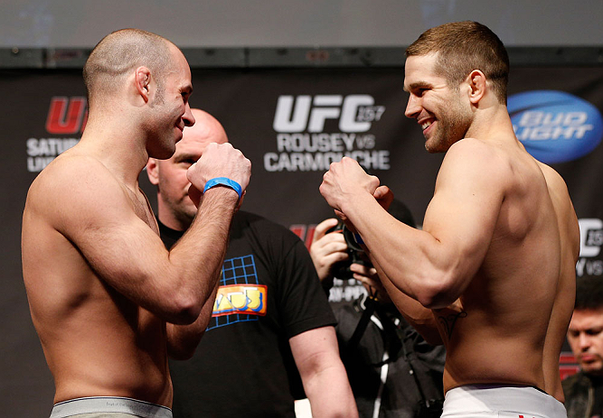 ANAHEIM, CA - FEBRUARY 22: (L-R) Opponents Kenny Robertson and Brock Jardine face off during the UFC 157 weigh-in at Honda Center on February 22, 2013 in Anaheim, California. (Photo by Josh Hedges/Zuffa LLC/Zuffa LLC via Getty Images)