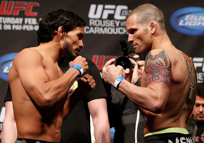 ANAHEIM, CA - FEBRUARY 22: (L-R) Opponents Dennis Bermudez and Matt Grice face off during the UFC 157 weigh-in at Honda Center on February 22, 2013 in Anaheim, California. (Photo by Josh Hedges/Zuffa LLC/Zuffa LLC via Getty Images)