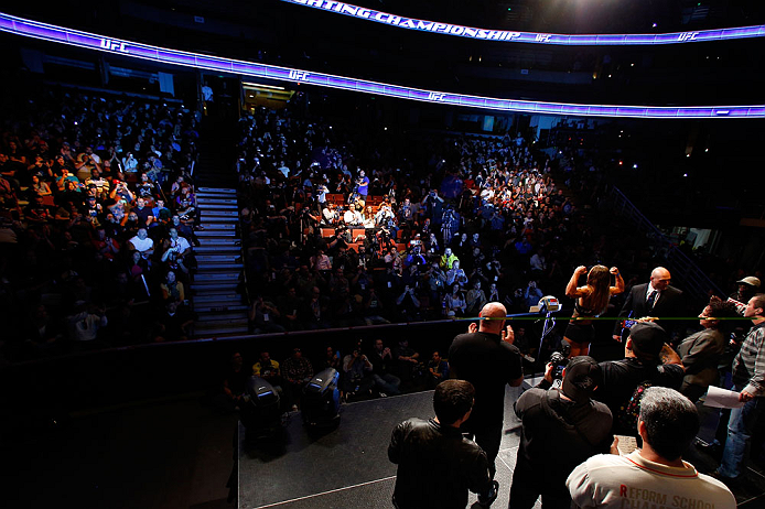 ANAHEIM, CA - FEBRUARY 22: Liz Carmouche weighs in during the UFC 157 weigh-in at Honda Center on February 22, 2013 in Anaheim, California. (Photo by Josh Hedges/Zuffa LLC/Zuffa LLC via Getty Images)