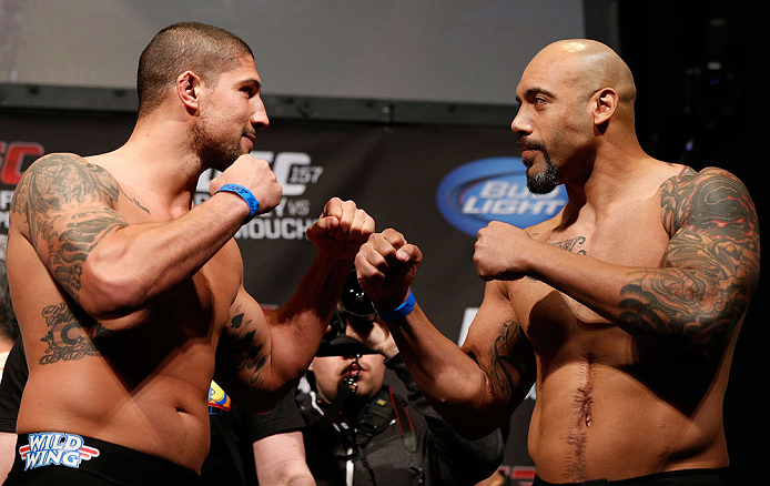 ANAHEIM, CA - FEBRUARY 22: (L-R) Opponents Brendan Schaub and Lavar Johnson face off during the UFC 157 weigh-in at Honda Center on February 22, 2013 in Anaheim, California. (Photo by Josh Hedges/Zuffa LLC/Zuffa LLC via Getty Images)