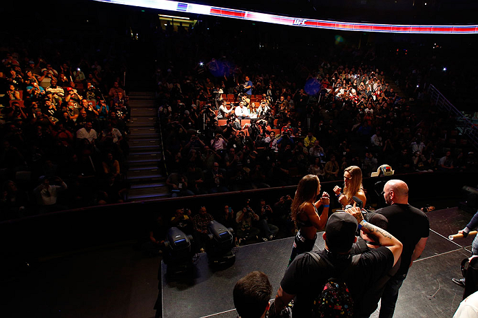ANAHEIM, CA - FEBRUARY 22: (R-L) Opponents Ronda Rousey and Liz Carmouche face off during the UFC 157 weigh-in at Honda Center on February 22, 2013 in Anaheim, California. (Photo by Josh Hedges/Zuffa LLC/Zuffa LLC via Getty Images)
