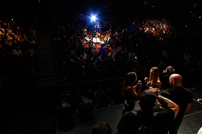 ANAHEIM, CA - FEBRUARY 22: (R-L) Opponents Ronda Rousey and Liz Carmouche face off during the UFC 157 weigh-in at Honda Center on February 22, 2013 in Anaheim, California. (Photo by Josh Hedges/Zuffa LLC/Zuffa LLC via Getty Images)