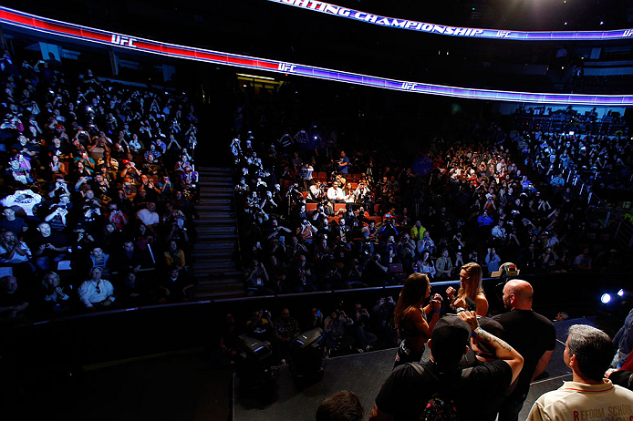 ANAHEIM, CA - FEBRUARY 22: (R-L) Opponents Ronda Rousey and Liz Carmouche face off during the UFC 157 weigh-in at Honda Center on February 22, 2013 in Anaheim, California. (Photo by Josh Hedges/Zuffa LLC/Zuffa LLC via Getty Images)