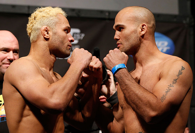 ANAHEIM, CA - FEBRUARY 22: (L-R) Opponents Josh Koscheck and Robbie Lawler face off during the UFC 157 weigh-in at Honda Center on February 22, 2013 in Anaheim, California. (Photo by Josh Hedges/Zuffa LLC/Zuffa LLC via Getty Images)