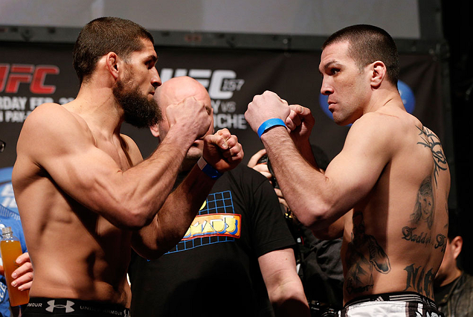 ANAHEIM, CA - FEBRUARY 22: (L-R) Opponents Court McGee and Josh Neer face off during the UFC 157 weigh-in at Honda Center on February 22, 2013 in Anaheim, California. (Photo by Josh Hedges/Zuffa LLC/Zuffa LLC via Getty Images)