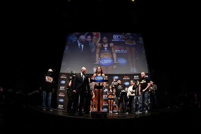 ANAHEIM, CA - FEBRUARY 22: Liz Carmouche weighs in during the UFC 157 weigh-in at Honda Center on February 22, 2013 in Anaheim, California. (Photo by Josh Hedges/Zuffa LLC/Zuffa LLC via Getty Images)