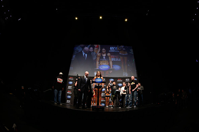 ANAHEIM, CA - FEBRUARY 22: Liz Carmouche weighs in during the UFC 157 weigh-in at Honda Center on February 22, 2013 in Anaheim, California. (Photo by Josh Hedges/Zuffa LLC/Zuffa LLC via Getty Images)