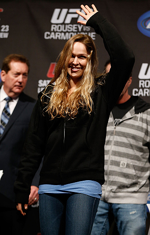 ANAHEIM, CA - FEBRUARY 22: Ronda Rousey prepares to weigh-in during the UFC 157 weigh-in at Honda Center on February 22, 2013 in Anaheim, California. (Photo by Josh Hedges/Zuffa LLC/Zuffa LLC via Getty Images)