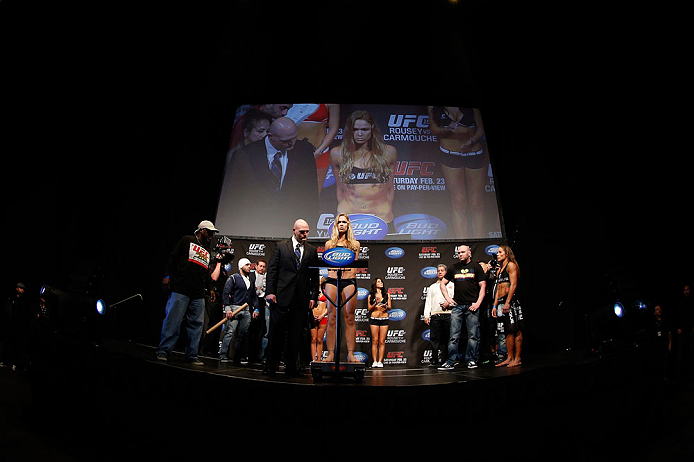 ANAHEIM, CA - FEBRUARY 22: Ronda Rousey weighs in during the UFC 157 weigh-in at Honda Center on February 22, 2013 in Anaheim, California. (Photo by Josh Hedges/Zuffa LLC/Zuffa LLC via Getty Images)