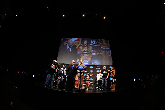 ANAHEIM, CA - FEBRUARY 22: Ronda Rousey weighs in during the UFC 157 weigh-in at Honda Center on February 22, 2013 in Anaheim, California. (Photo by Josh Hedges/Zuffa LLC/Zuffa LLC via Getty Images)