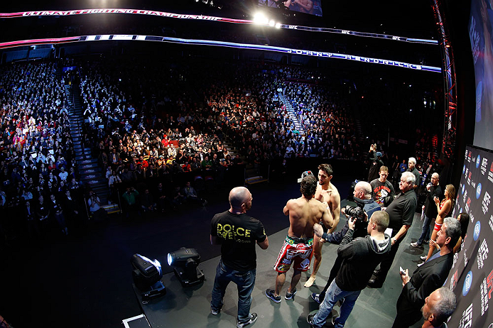 MONTREAL, QC - MARCH 15: (R-L) Opponents Carlos Condit and Johny Hendricks face off during the UFC 158 weigh-in at Bell Centre on March 15, 2013 in Montreal, Quebec, Canada. (Photo by Josh Hedges/Zuffa LLC/Zuffa LLC via Getty Images)