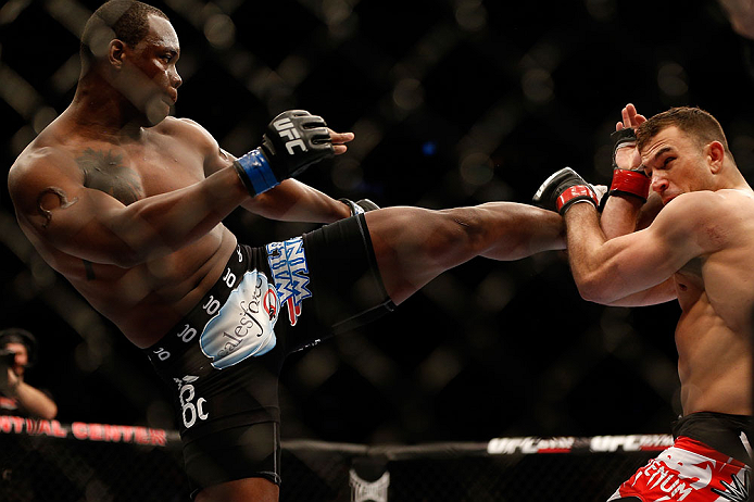 NEWARK, NJ - APRIL 27: (L-R) Ovince Saint Preux kicks Gian Villante in their light heavyweight fight during the UFC 159 event at the Prudential Center on April 27, 2013 in Newark, New Jersey. (Photo by Josh Hedges/Zuffa LLC/Zuffa LLC via Getty Images)