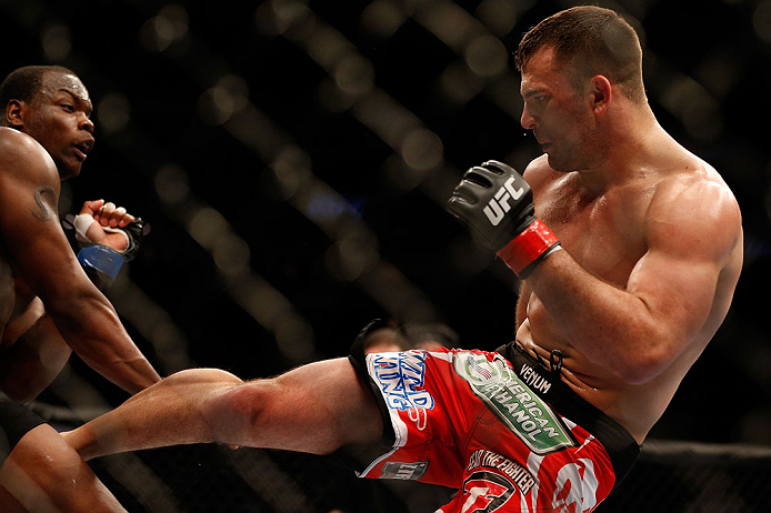 NEWARK, NJ - APRIL 27: (R-L) Gian Villante kicks Ovince Saint Preux in their light heavyweight fight during the UFC 159 event at the Prudential Center on April 27, 2013 in Newark, New Jersey. (Photo by Josh Hedges/Zuffa LLC/Zuffa LLC via Getty Images)