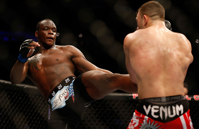 NEWARK, NJ - APRIL 27: (L-R) Ovince Saint Preux kicks Gian Villante in their light heavyweight fight during the UFC 159 event at the Prudential Center on April 27, 2013 in Newark, New Jersey. (Photo by Josh Hedges/Zuffa LLC/Zuffa LLC via Getty Images)