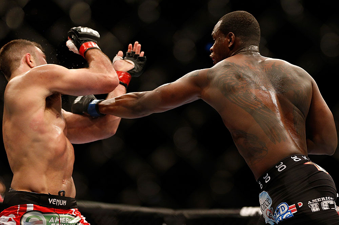 NEWARK, NJ - APRIL 27: (R-L) Ovince Saint Preux punches Gian Villante in their light heavyweight fight during the UFC 159 event at the Prudential Center on April 27, 2013 in Newark, New Jersey. (Photo by Josh Hedges/Zuffa LLC/Zuffa LLC via Getty Images