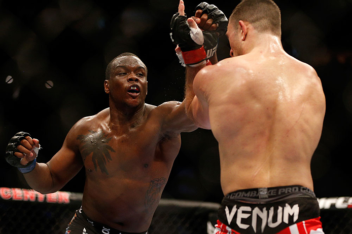 NEWARK, NJ - APRIL 27: (L-R) Ovince Saint Preux punches Gian Villante in their light heavyweight fight during the UFC 159 event at the Prudential Center on April 27, 2013 in Newark, New Jersey. (Photo by Josh Hedges/Zuffa LLC/Zuffa LLC via Getty Images