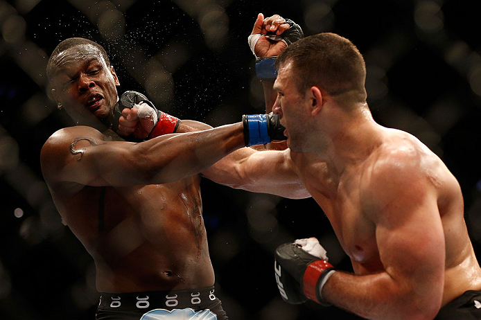 NEWARK, NJ - APRIL 27: (R-L) Gian Villante punches Ovince Saint Preux in their light heavyweight fight during the UFC 159 event at the Prudential Center on April 27, 2013 in Newark, New Jersey. (Photo by Josh Hedges/Zuffa LLC/Zuffa LLC via Getty Images