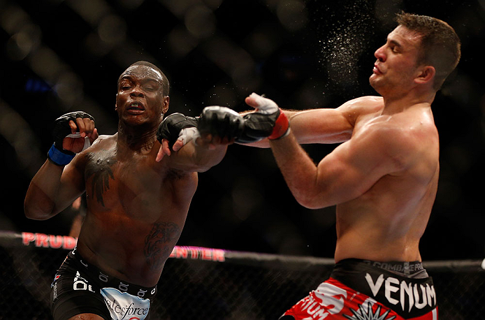 NEWARK, NJ - APRIL 27: (L-R) Ovince Saint Preux punches Gian Villante in their light heavyweight fight during the UFC 159 event at the Prudential Center on April 27, 2013 in Newark, New Jersey. (Photo by Josh Hedges/Zuffa LLC/Zuffa LLC via Getty Images