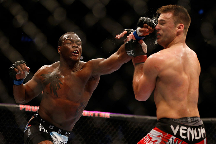 NEWARK, NJ - APRIL 27: (L-R) Ovince Saint Preux punches Gian Villante in their light heavyweight fight during the UFC 159 event at the Prudential Center on April 27, 2013 in Newark, New Jersey. (Photo by Josh Hedges/Zuffa LLC/Zuffa LLC via Getty Images